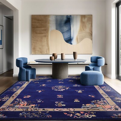 LoomBloom Multi Sizes Blue Hand Tufted Chinese Art Deco New Zealand Wool Rug