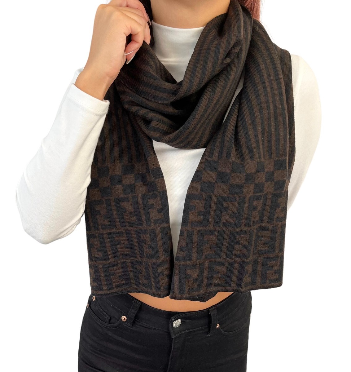 FENDI Zucca Stripe Wrap Scarf #42 Fashion Accessory Brown Black
