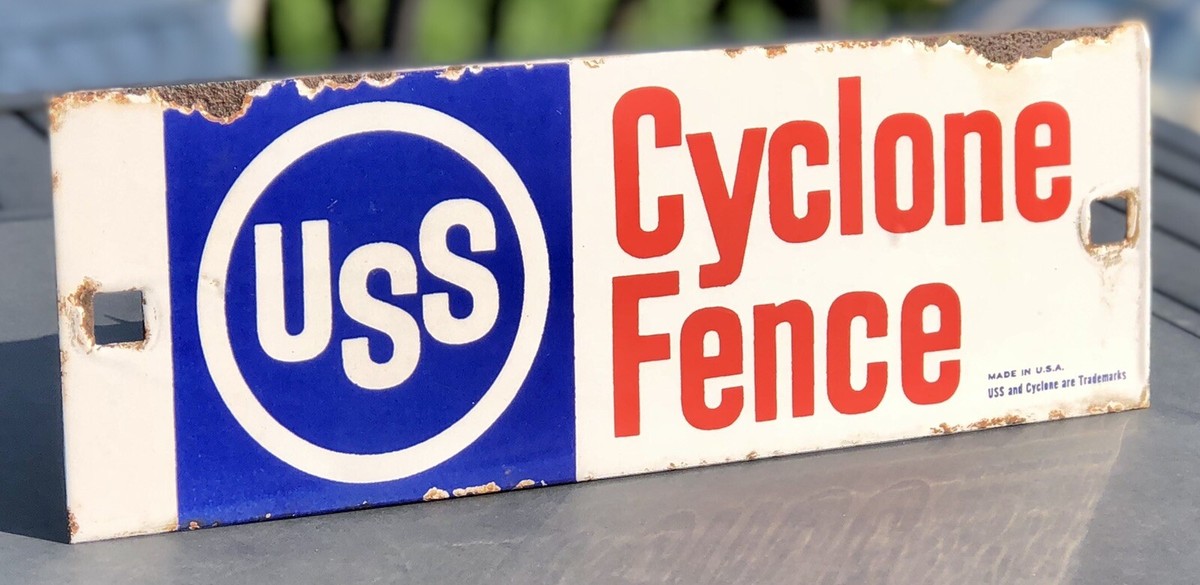 VINTAGE 1970 USA SIGNS ボード Vintage US Steel Porcelain USS Cyclone Fence Sign 12.5