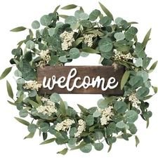 Sggvecsy Green Artificial Eucalyptus Wreath with Welcome Sign 20in Spring Sum...