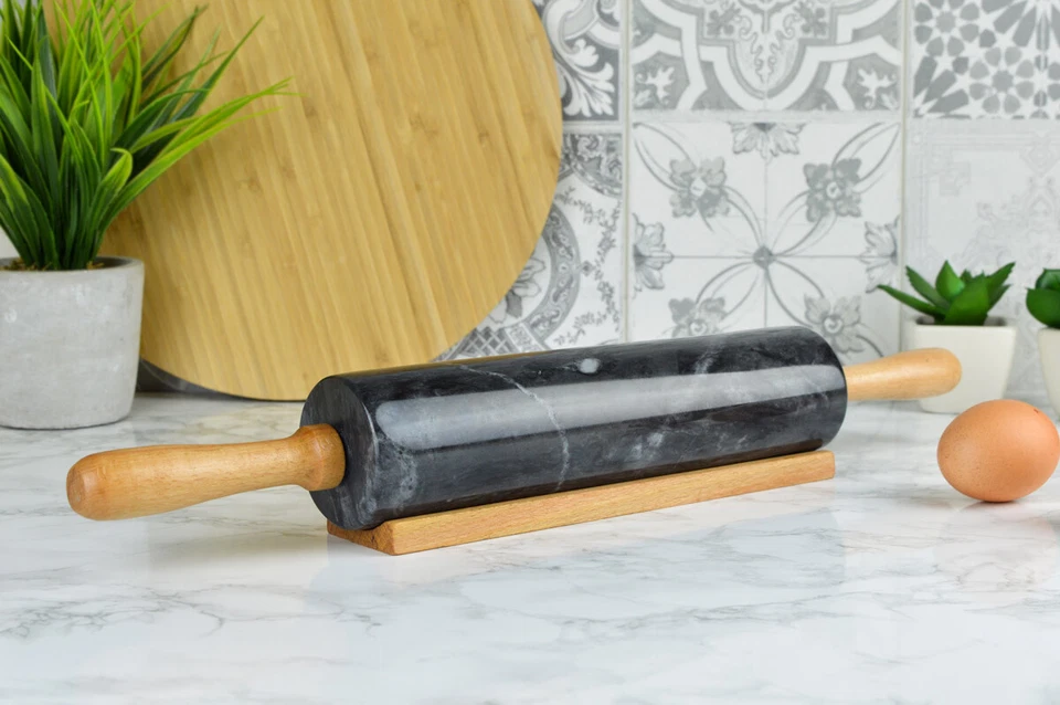 XXL Teigroller aus Marmor mit Ständer 46x6cm Teigrolle Ausroller Nudelrolle 2kg - Bild 3 von 4