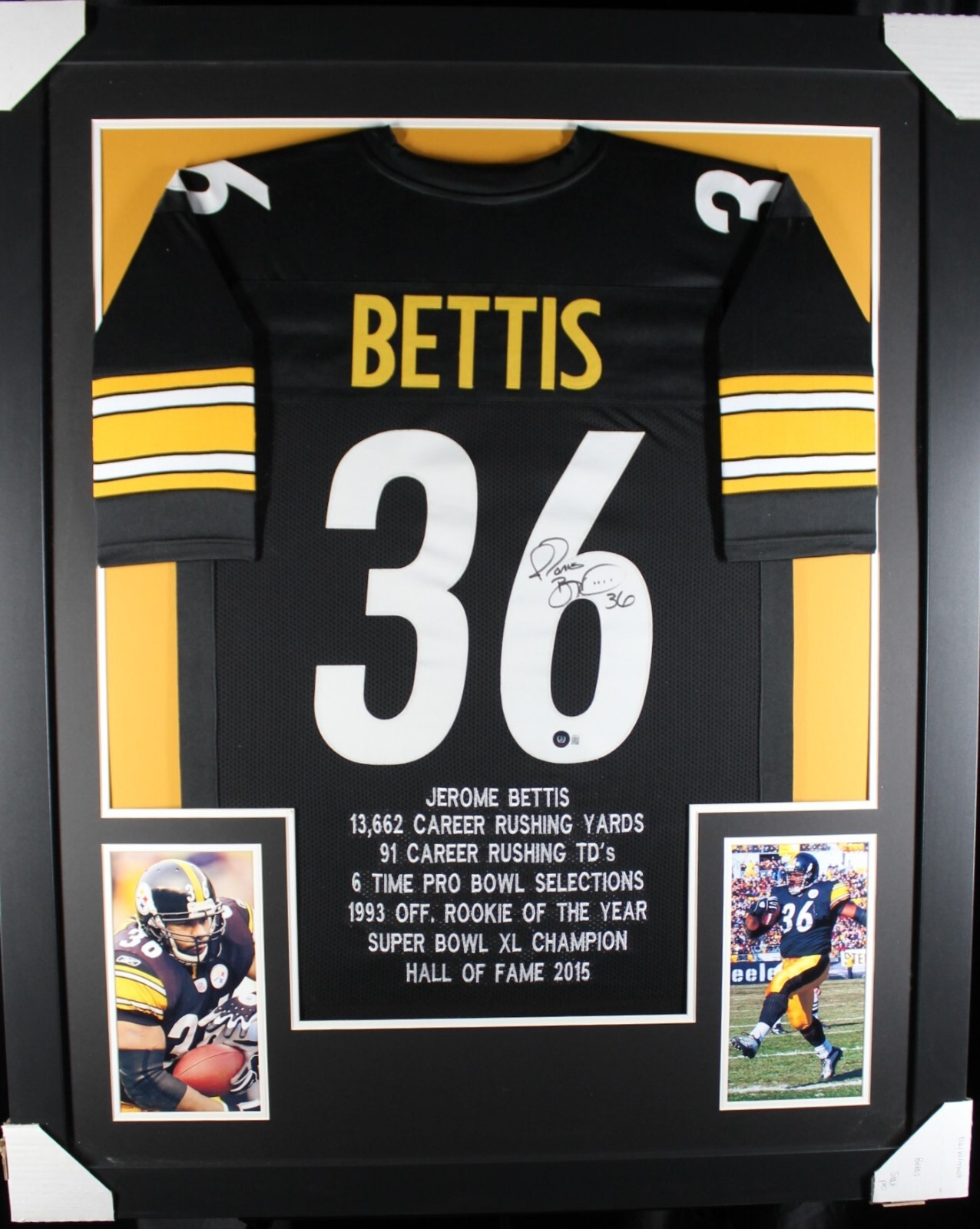 Jerome Bettis Autographed Signed (Steelers Black Stat Tower) Autograph Framed Jersey Beckett 