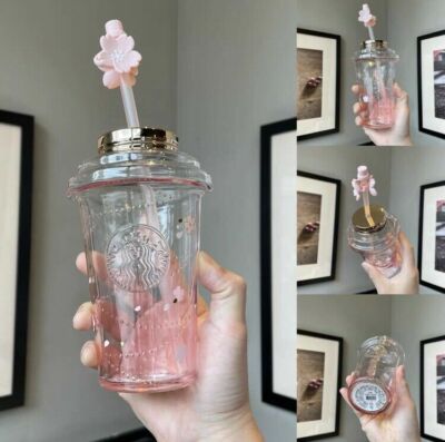 Starbucks Sakura Glass Straw Cup W/Cherry Blossom Topper Coffee mug Tumbler Gift