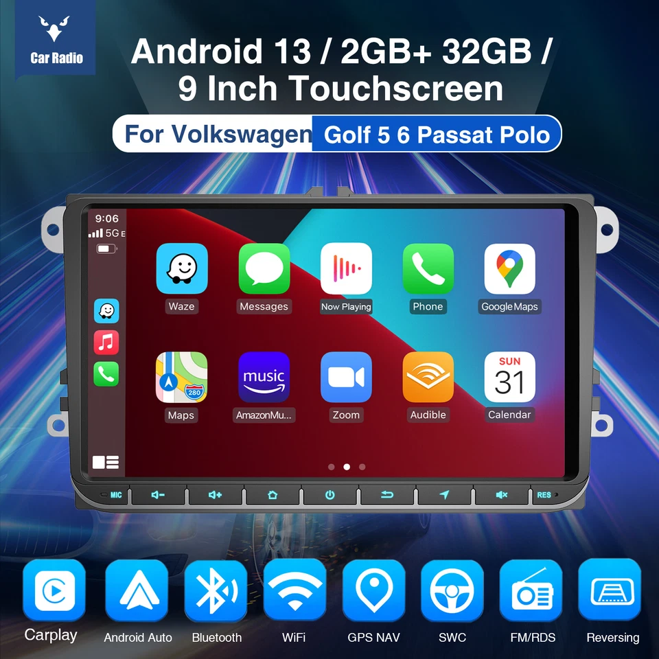 Autoradio DAB+ Car Stereo Android 13 2+32G GPS Navi WIFI Per VW GOLF 5 6 Polo 6R - Immagine 2 di 4