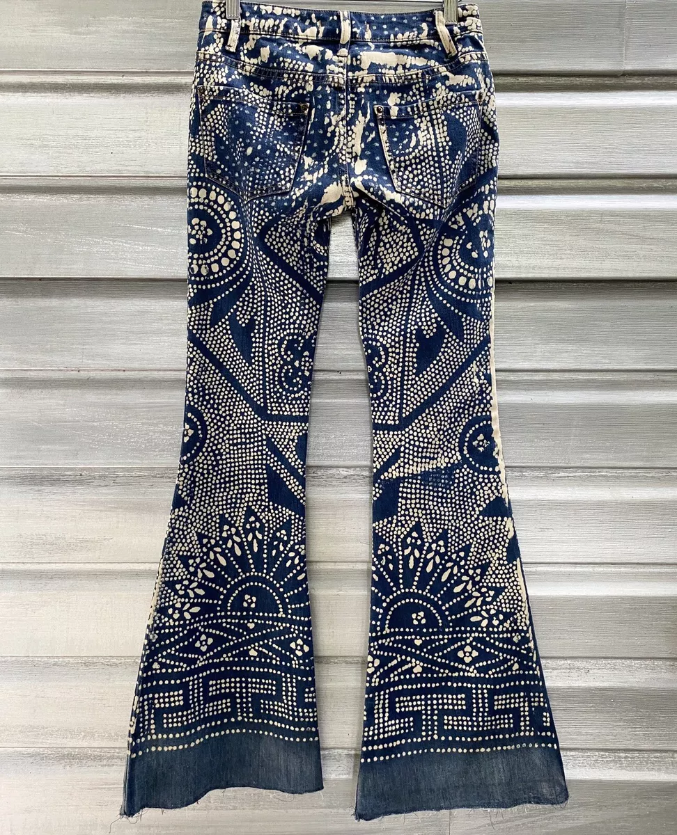 FREE PEOPLE Flare Bali Discharge Print Boho Festival Bell Bottom Jeans