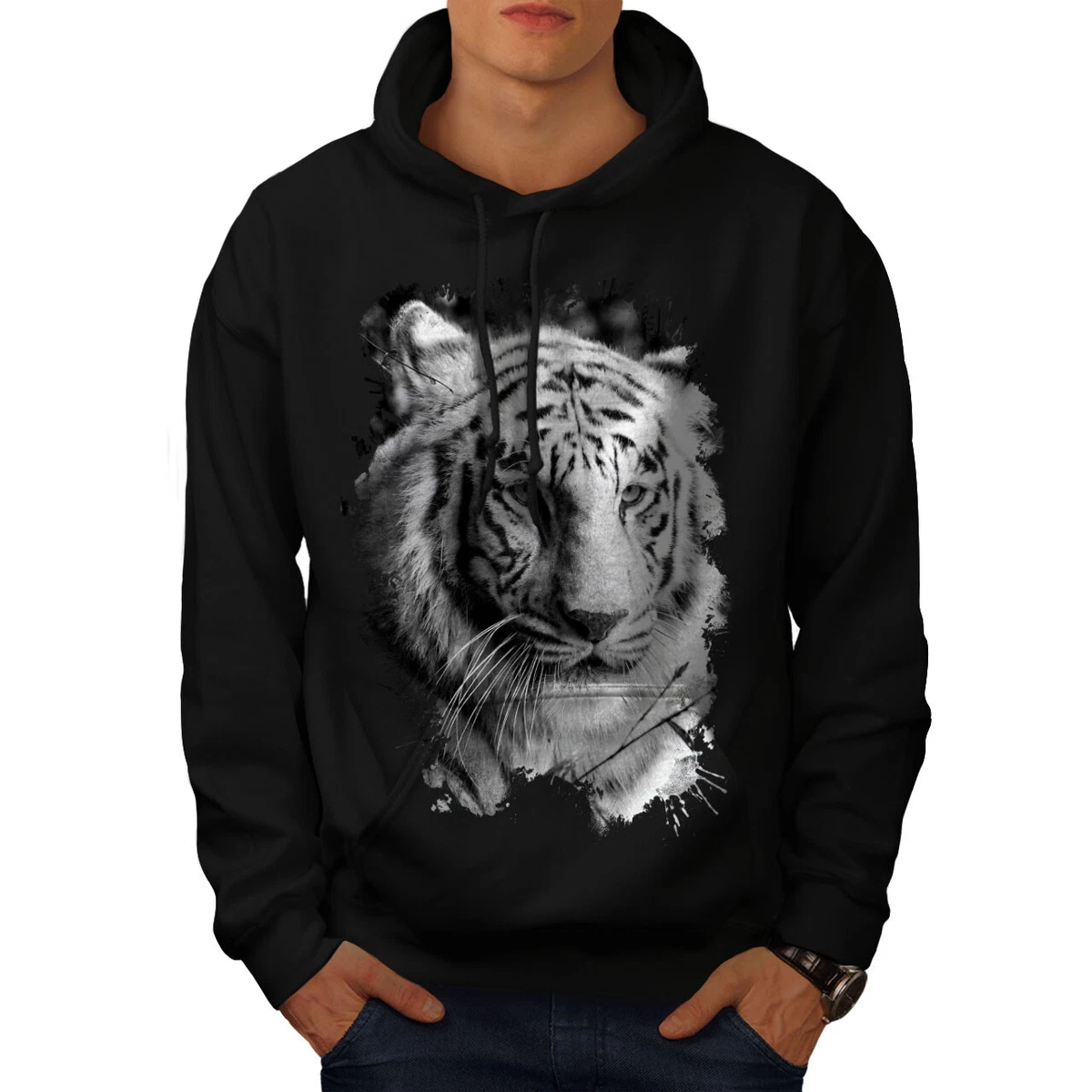 Wellcoda White Tiger Head Mens Hoodie Wild Casual Hooded Sweatshirt