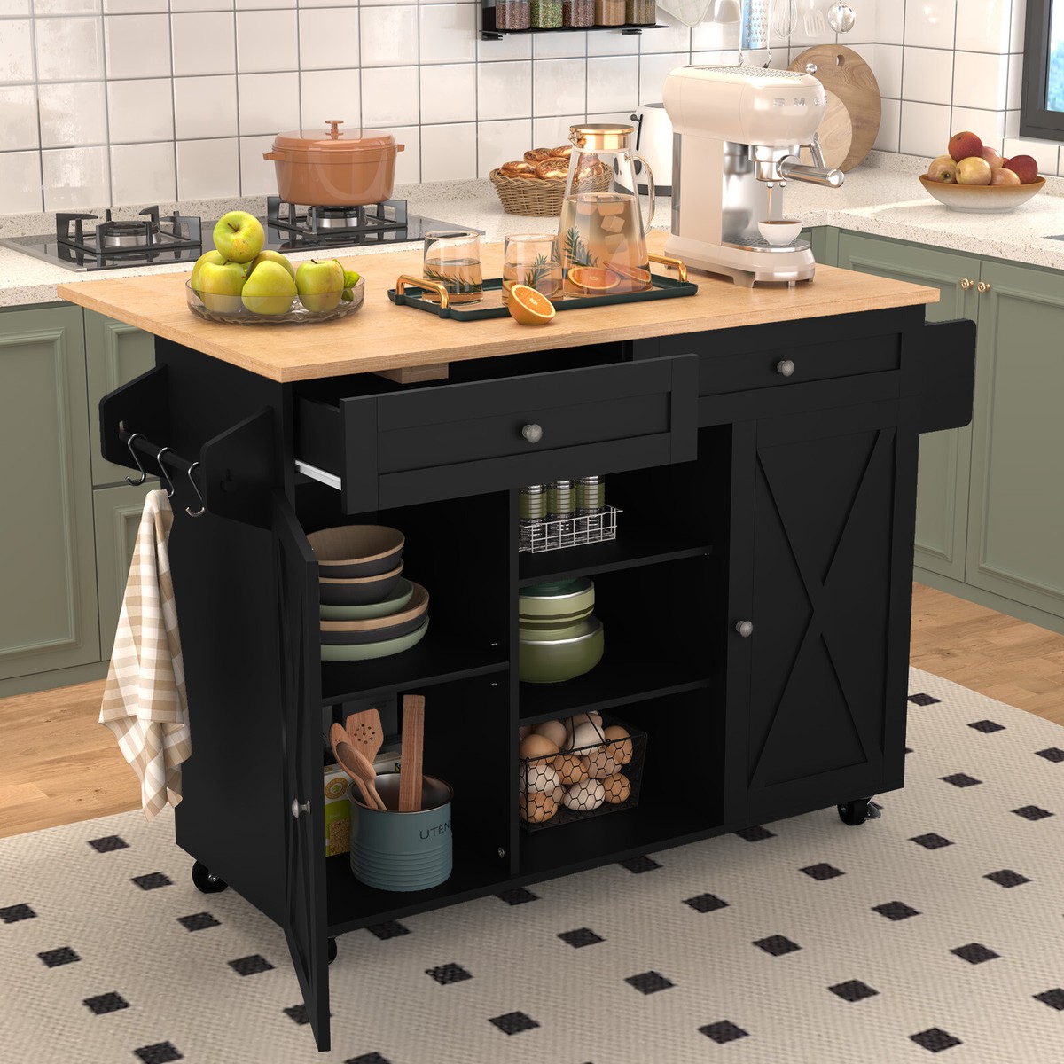 Kücheninsel Mit Rollen 120cm - Mobile Küchenzeile Mit Stauraum & Klapptisch