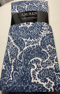 LAUREN RALPH LAUREN KITCHEN TOWELS (3) BLUE LEAVES WHITE 100% COTTON NWT - Main Image
