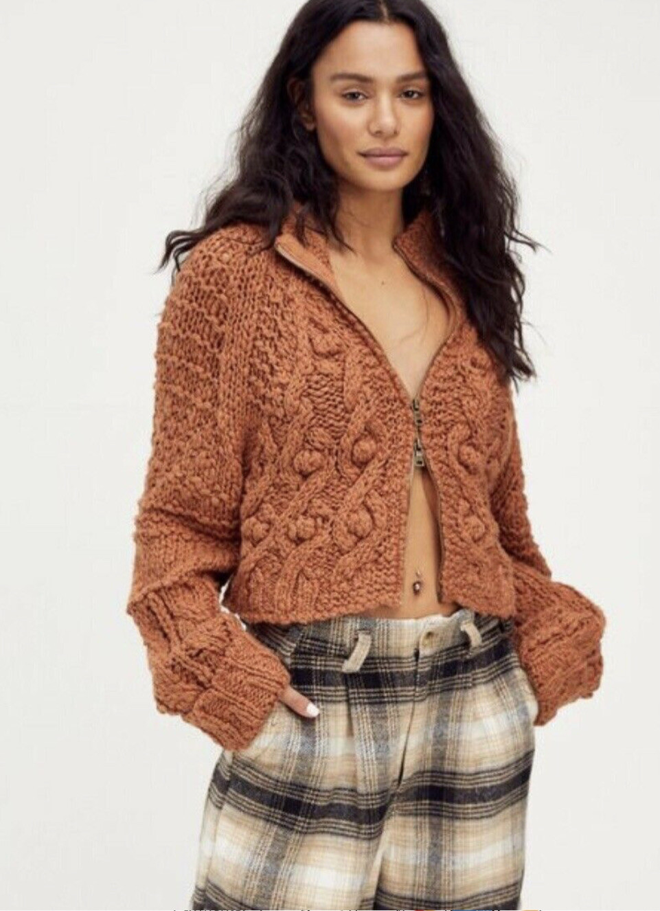 Cardigan Cable Chunky Knit Carmel Brown 