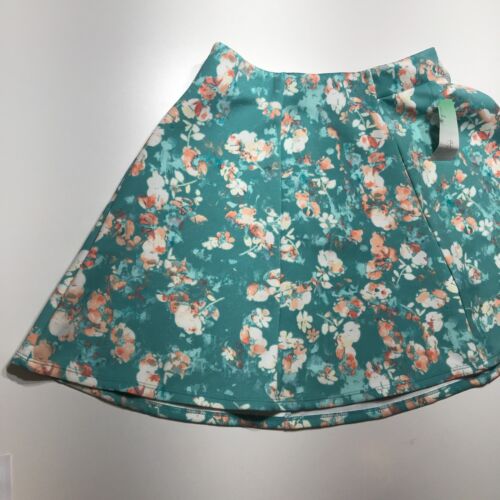 Decree Teal Peach Floral Bloom Meadow Skater Mini Skirt Elastic Waistband Size L - Picture 4 of 14