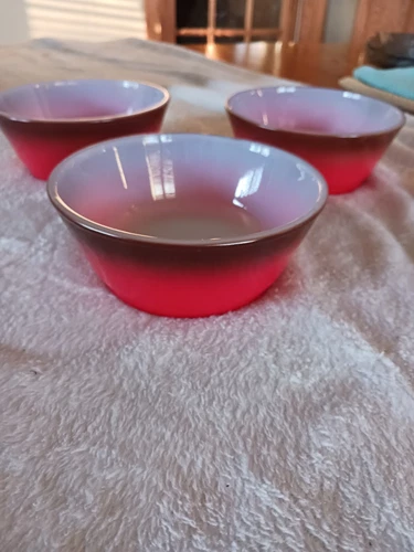 Vintage Anchor Hocking Fire King Ware Lot Of 3 Red Bowls Dishes 1960s Set