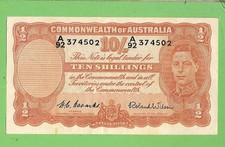 AUSTRALIAN 1952 TYPE  COOMBS / WILSON  TEN SHILLING BANKNOTE  #A92 374502