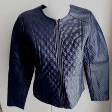 Anne Weyburn Size 10 Uk Blue Navy Faux Leather Jacket Quilted Look Collarless
