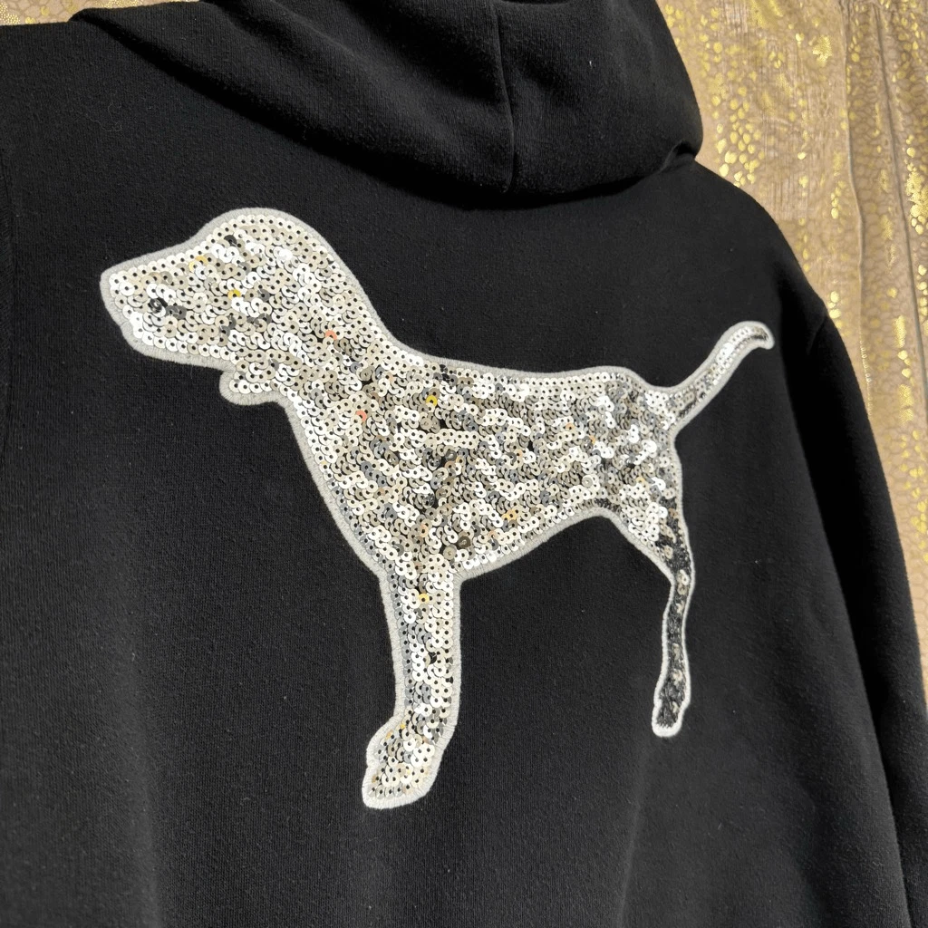 UNDERCOVER Felpa con cappuccio ROSA Y2K Victorias Secret nera argento cane paillettes Bling grande