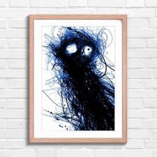 Chaotic Black And White Scribble Portrait Blue Framed Wall Art Print Large