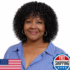 LYOLKSER Short Curly Human Hair Wig w/ Bangs, Glueless, No Lace, 200% Density, 1
