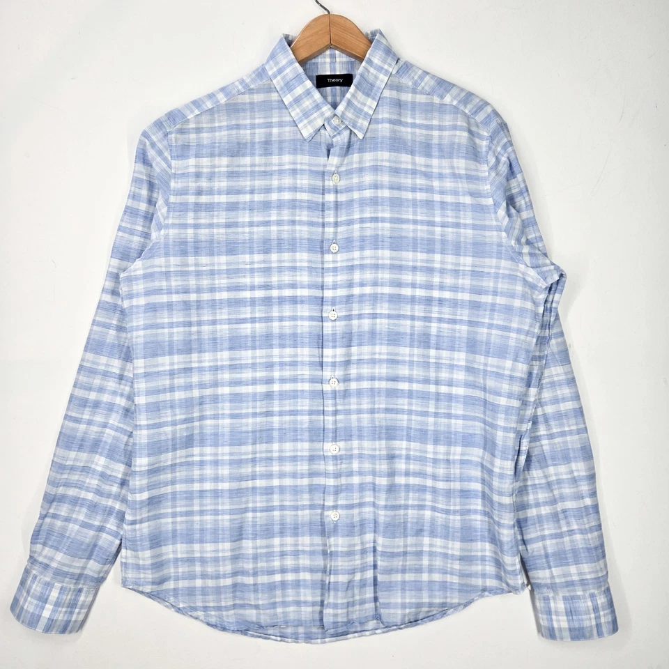 Theory Mens Large L Linen Blend Blue White Gingham Check Button Shirt - Image 2 of 4