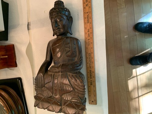 Large Hand Carved Wooden Serene Meditating Buddha Art Statue Sculpture 21X 11x6”