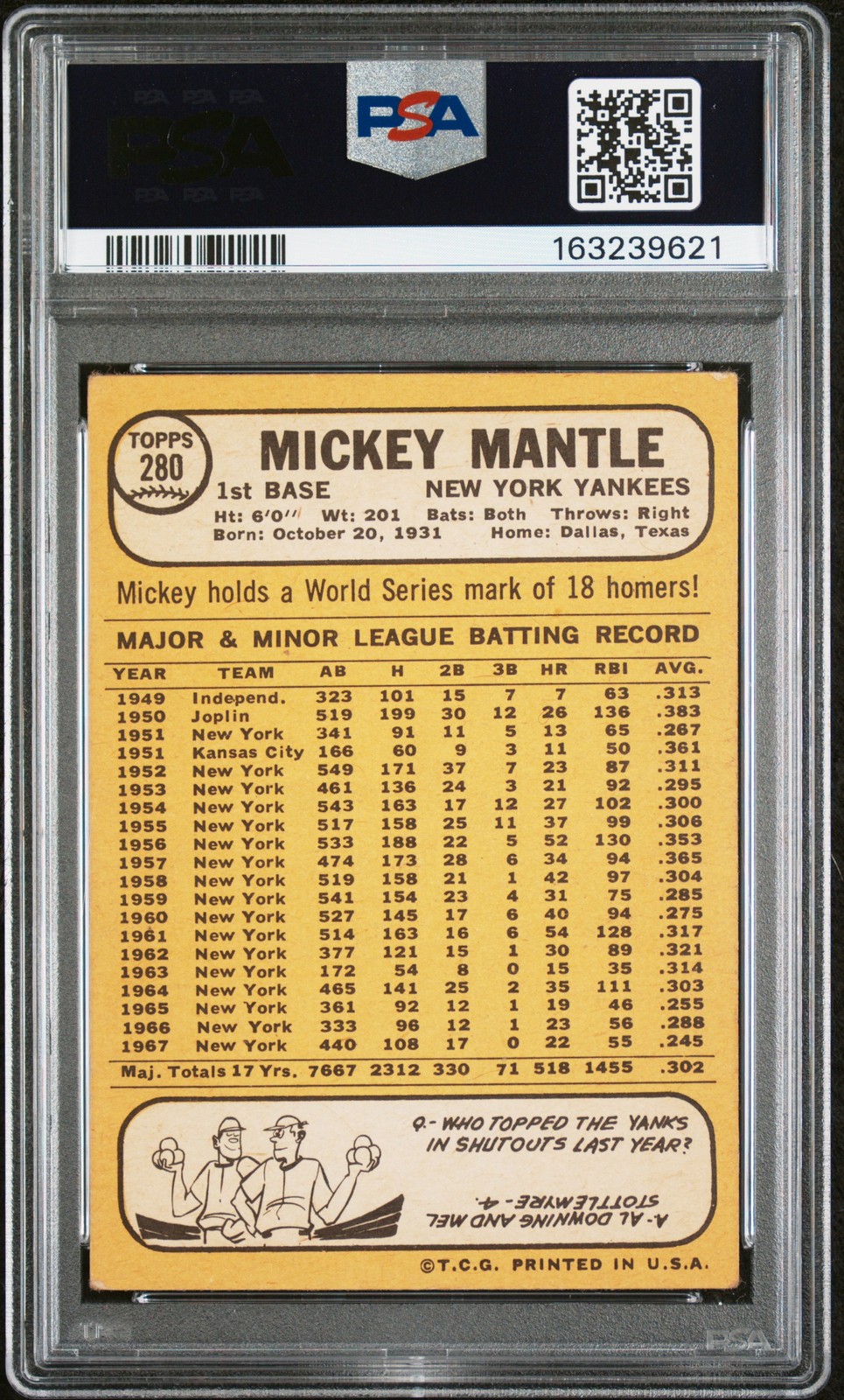 1968 TOPPS #280 MICKEY MANTLE PSA 3.5 view 2