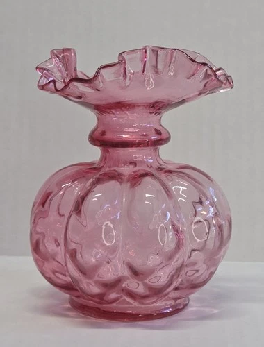Vintage Fenton Cranberry Glass Vase Ruffled Rim Melon Shaped Optic Pattern