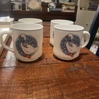 Vintage Arcopal France Blue Ribbon Goose White Milk Glass Coffee MugCupsSet of 4