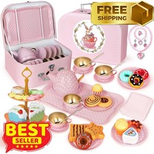 49PCS Princess Tea Party Set for Girls Pretend Play Tea Time Toys Pink