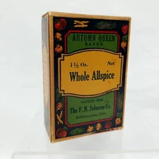 Vintage Autumn Queen Whole Allspice Box Sealed FN Johnson Co. Litho Veggies