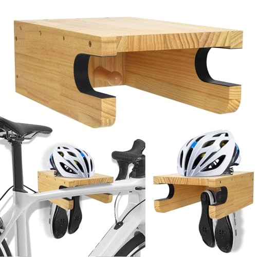 Wooden Bike Wall Mount Rack with Shelf and Hooks for Home, S