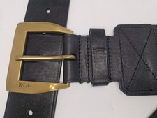 Lauren Ralph Lauren RLL Black Stretch Waist Belt Leather Front Brass Buckle