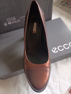 ECCO Brown Leather Pump Block Heel Slip On Closed Toe Women's Shoe
