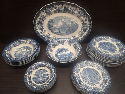 27tlg Avon Scenes Palissy blau weiß 5x Personen Set Speisebeilage Suppenteller 1.