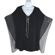 Chico's Travelers V-Neck Top Size 2 Black Hardware Lace Up Slinky Goth TP-3718