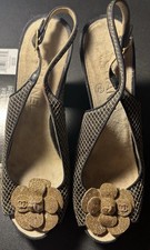 Authentic CHANEL Camellia Slingback Platform Heels Black Gold EU 39 1/2 Vintage
