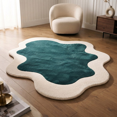 Modern Abstract Teal Wool Rug 5x8 Irregular Hand Tufted Living Room Area Carpet