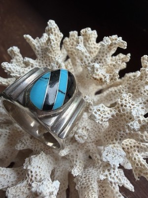 Sterling Silver Turquoise Onyx Inlay Native American Handmade Menʼs 11 Ring