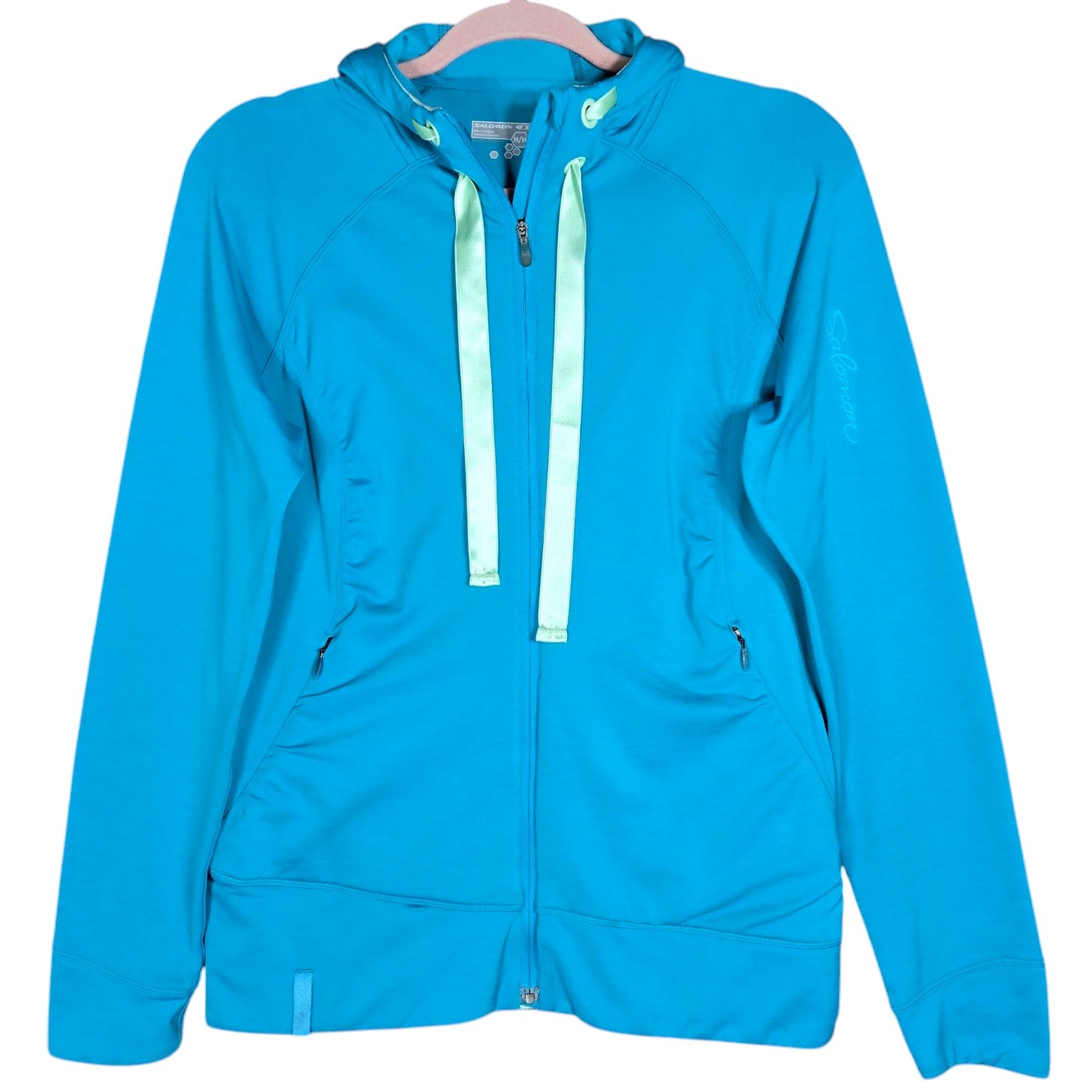 Giacca Salomon donna media pista corsa con cappuccio coda di cavallo Athlesiure Activewear