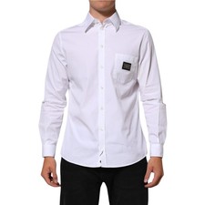 DOLCE & GABBANA Shirt White Logo Plaque Collared Formal Dress 38/US15/XS 980usd