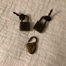 Lot Of 3 - Includes 2 Miniature Brass Locks with Keys and 1 Heart Lock No Key