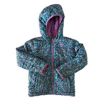 The North Face Girls Reversible Mossbud Swirl Jacket Teal Purple Abstract Hooded