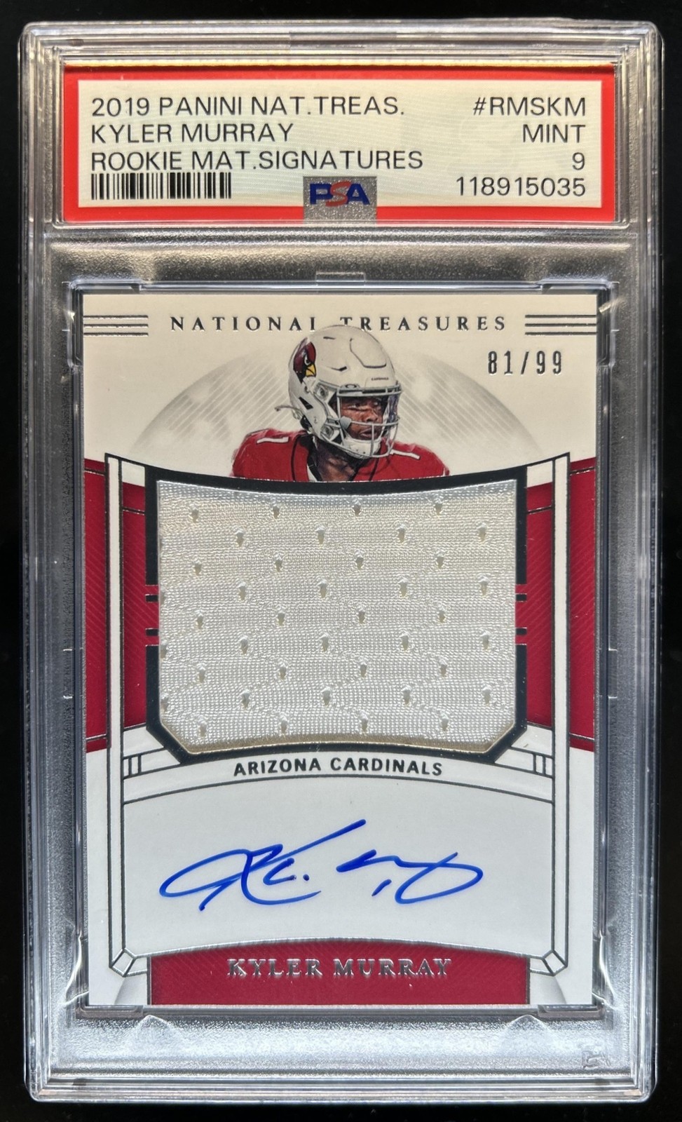 2019 National Treasures Kyler Murray Rookie Material Jersey Auto RC #/99 PSA 9