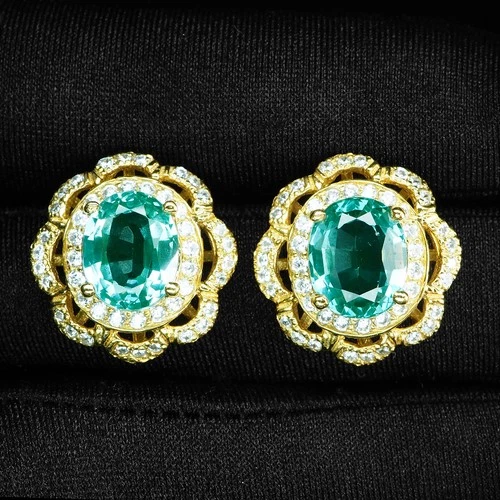 Mint Green Paraiba Tourmaline 7.40Ct 925 Sterling Silver 24K Gold Halo Earrings
