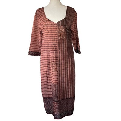 Unbranded Womens Kurti Beaded Embroidered Midi Tunic Dress Brown L Boho