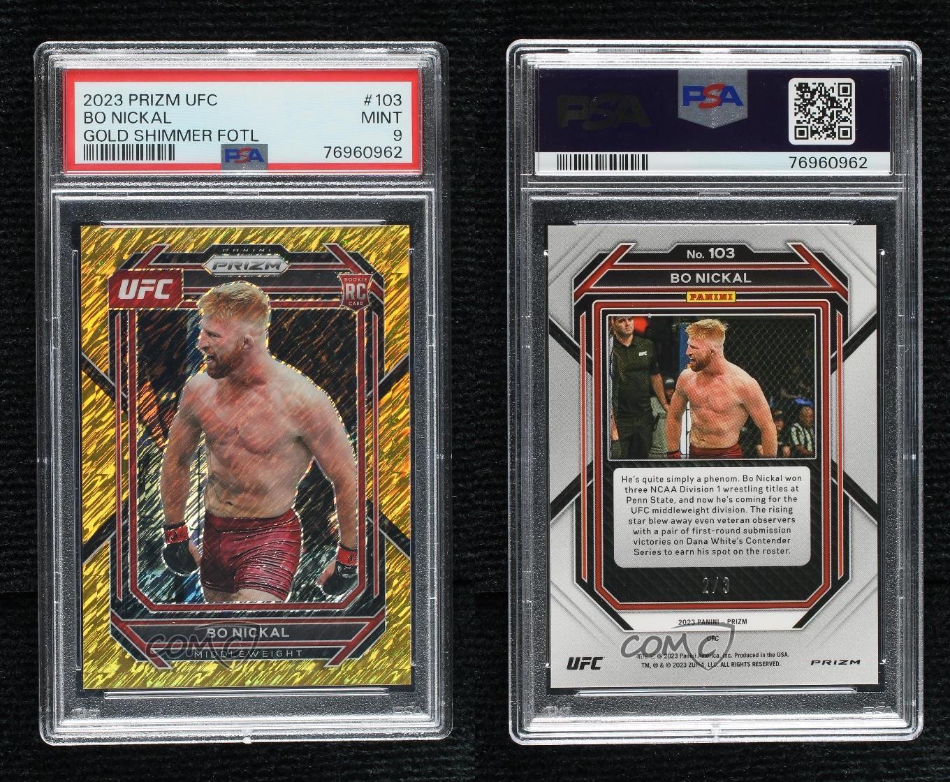 2023 Panini Prizm UFC FOTL Gold Shimmer Prizm 2/3 Bo Nickal #103 PSA 9 Rookie RC view 3