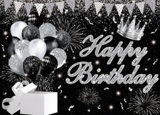 Silver Black Happy Birthday Backdrop 7x5ft Silver and Black Glitter Birthday ...