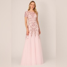 Adrianna Papell Blush Beaded Tulle Gown NWT Embellished Formal Modest SZ 4 GALA