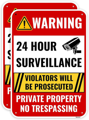 2PC 24 Hour Surveillance Sign, 14 X 10 Inches - Aluminum - Private Property No T