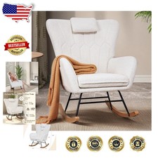 White Teddy Upholstered Rocking Chair Ergonomic High Backrest Side Pocket