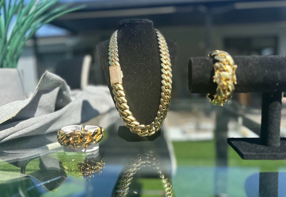 Bracelet & Chain Set Miami Gold Cuban Link Gold Plated Stainless Steel Set 20mm - Image 2 of 2