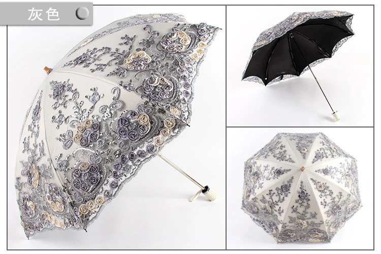 Paraguas solar bordado doble encaje anti-UV mujer princesa sombrillas Foto 4 de 4
