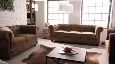 Invicta Chesterfield Fußhocker Antik Grau Mit Knopfheftung & Nieten - Passend Zum Ohrensessel, Microfaser